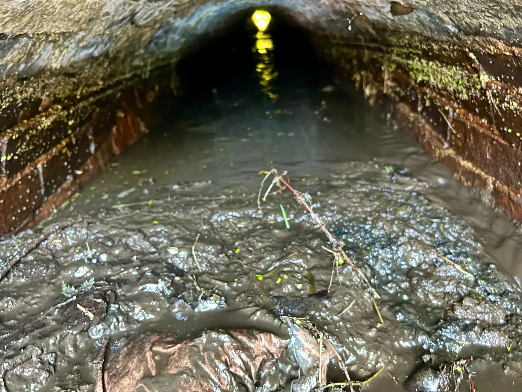 Brick culvert obstructed by accumulated silt and debris before clearance